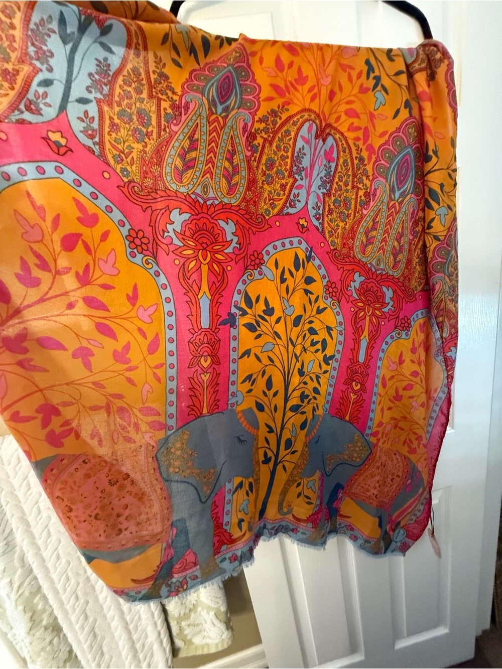 Powder Made in Scotland Vibrant Paisley Elephant Print Scarf/Wrap- Orange & Pink